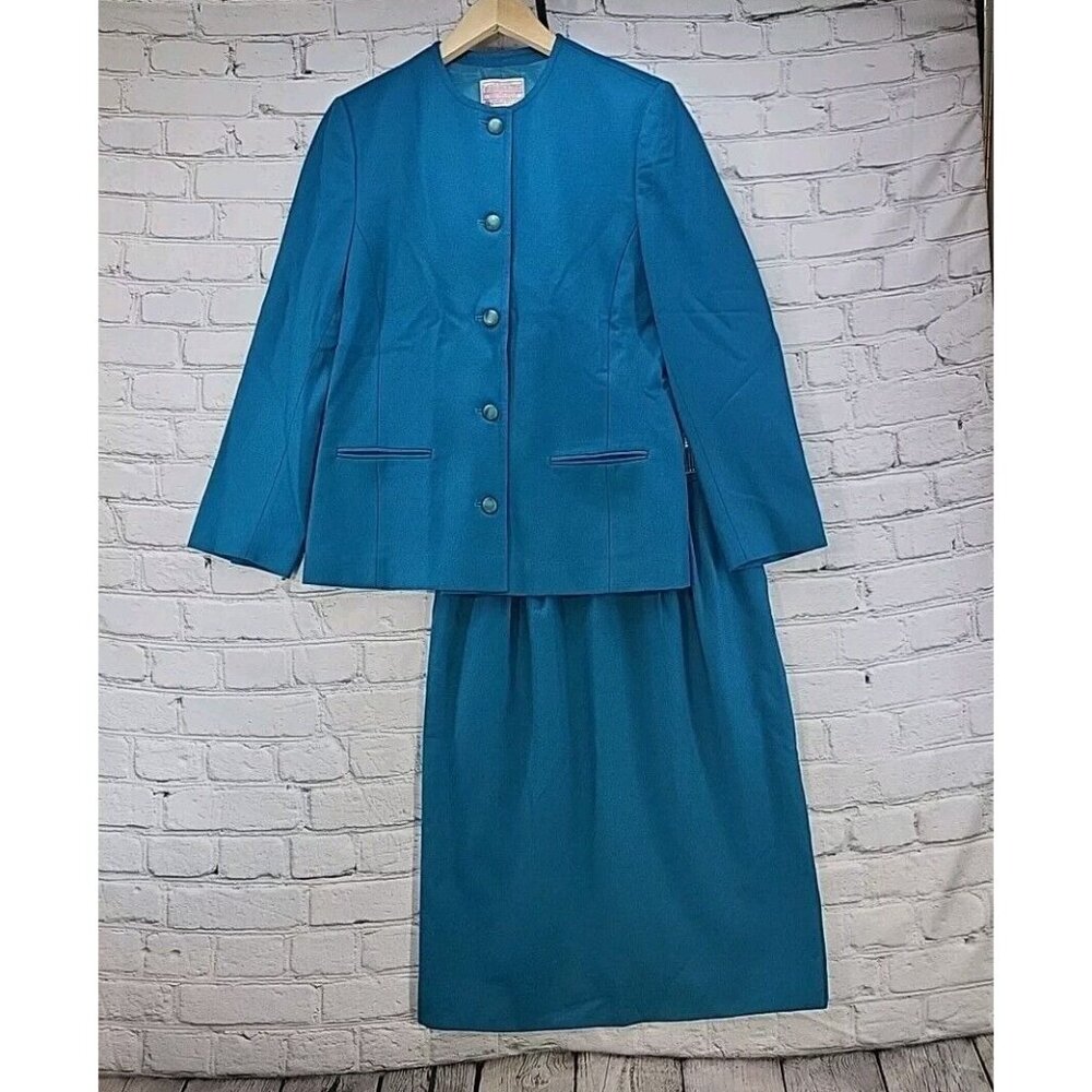 Vintage Pendleton Womens Suit Blue 100% Virgin Wool Blazer (Sz 8) Midi Skirt (6)